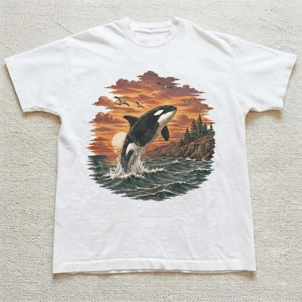 Orca Sunset Nature White Gildan Unisex Graphic Tee